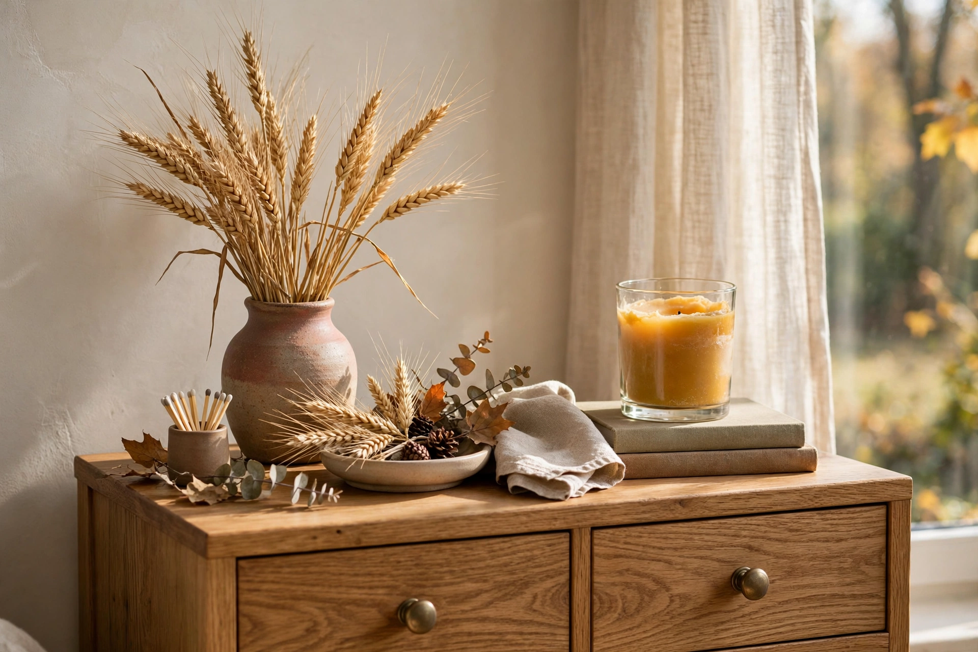 Nightstand Decor With Autumn Candle And Dried Wheat