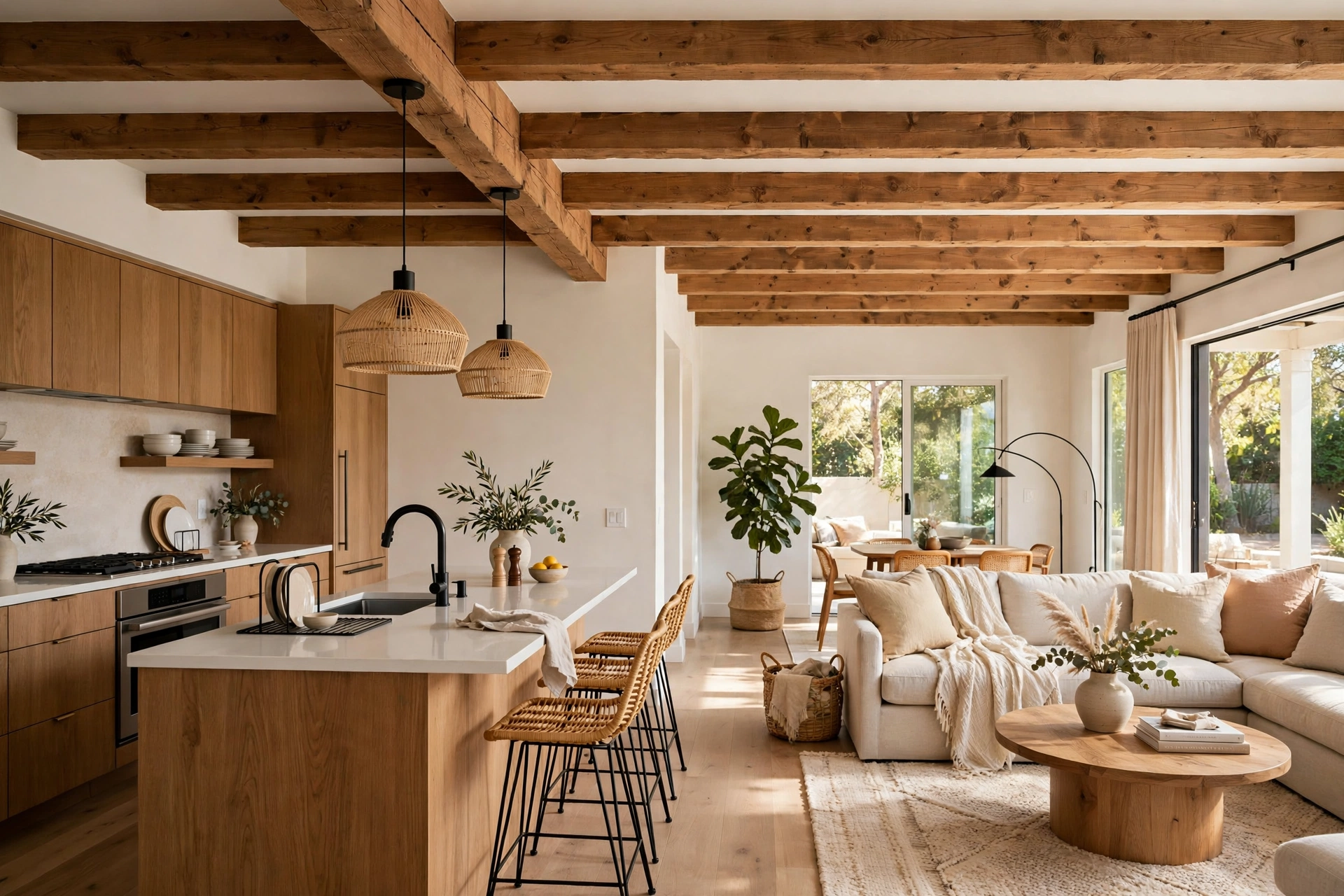 Wood Beam Ceiling Treatment Connecting Kitchen And Living Room Spaces