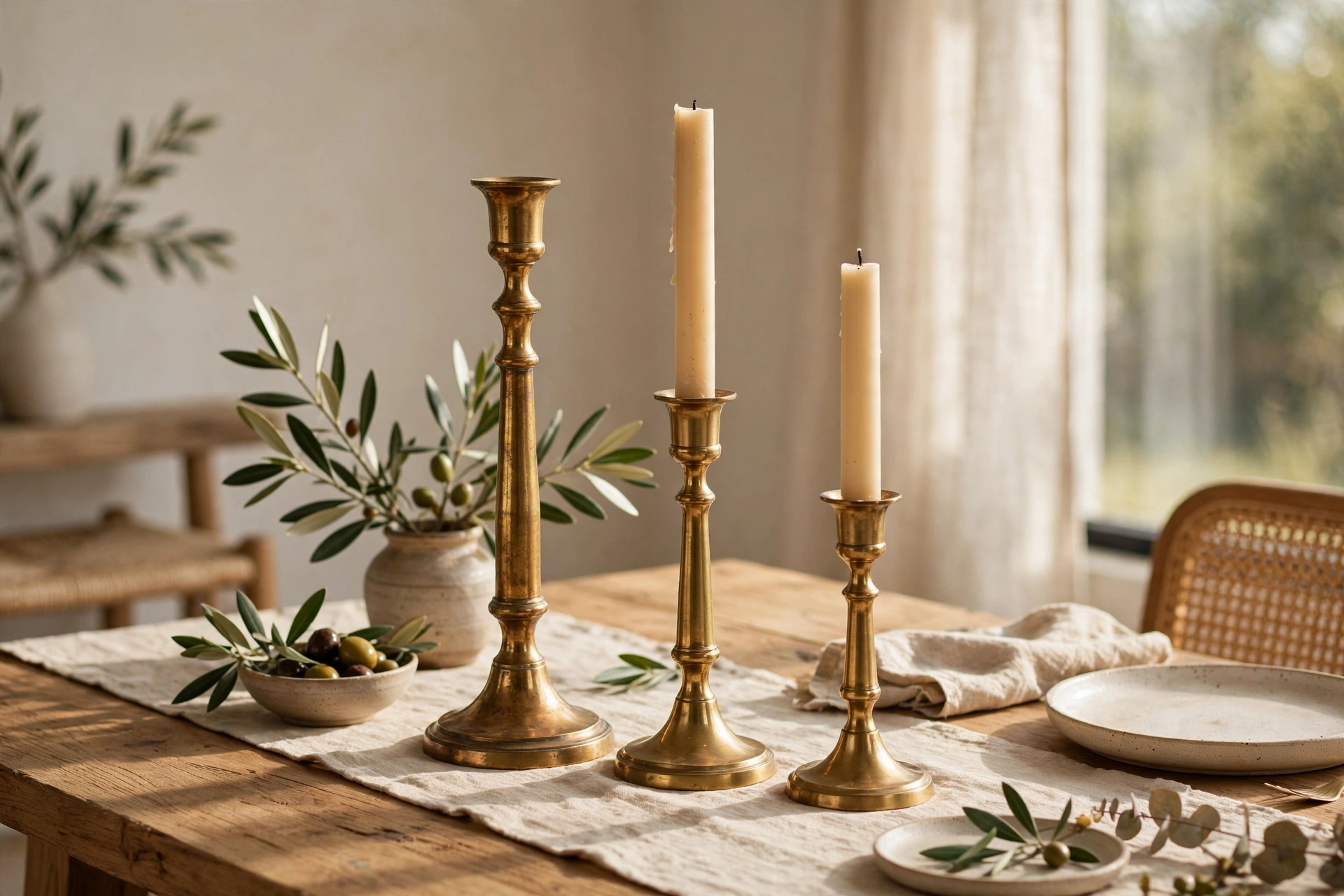 Brass Candlesticks of Varying Heights on a Dining Table