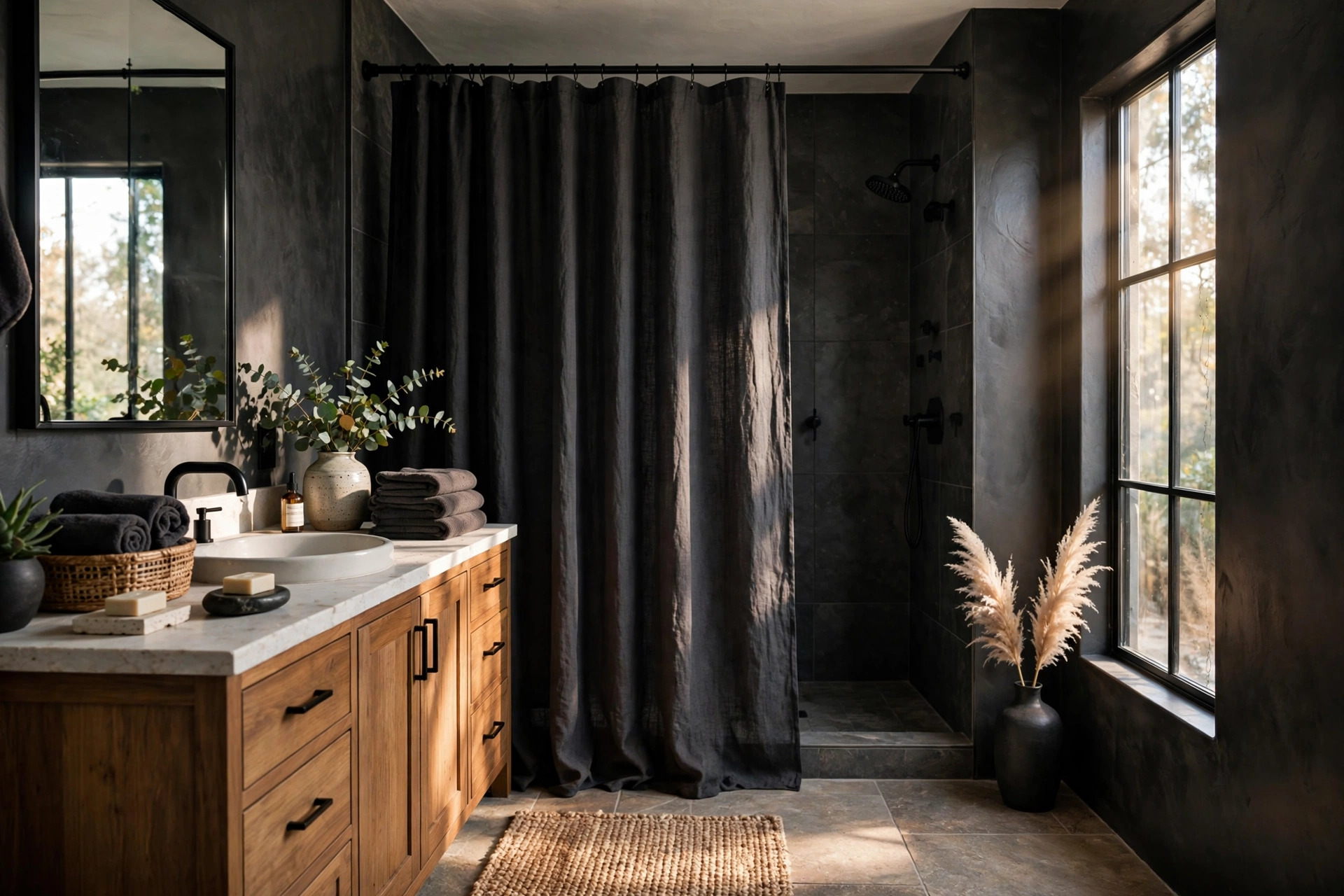 Dark Moody Charcoal Shower Curtain Retreat
