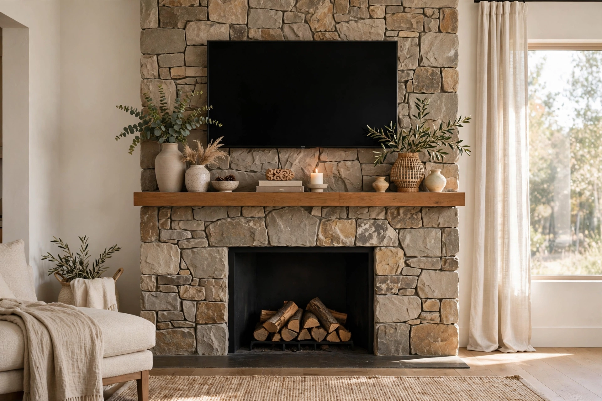 TV Mounted Above A Stone Fireplace With Styled Mantel