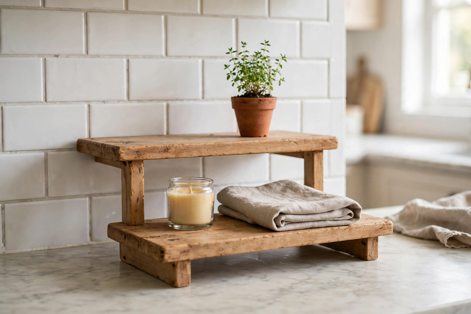 Mini Shelf With Herbs And Candle Above Countertop