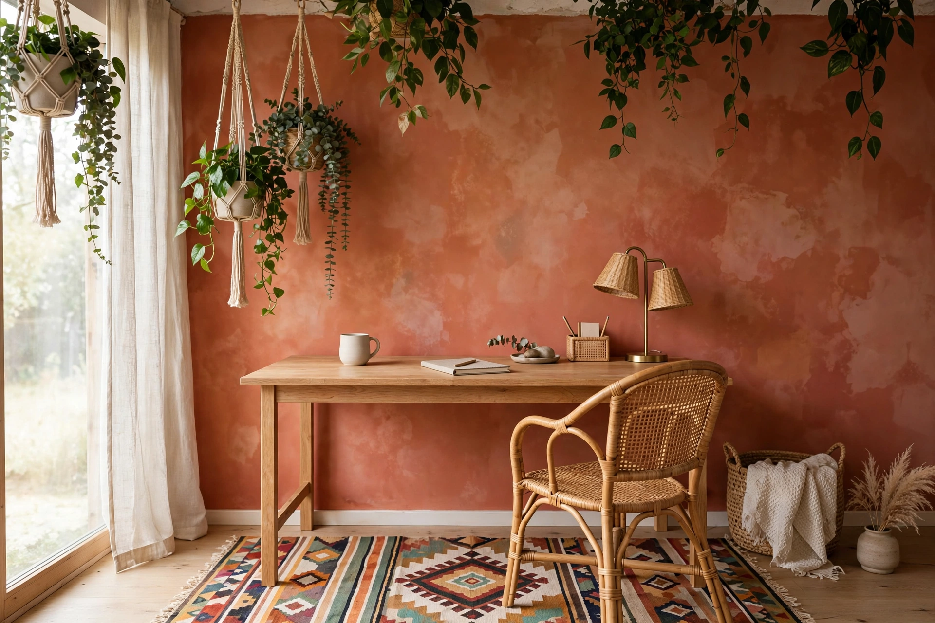 Terracotta limewash accent wall behind a wood desk in a boho home office