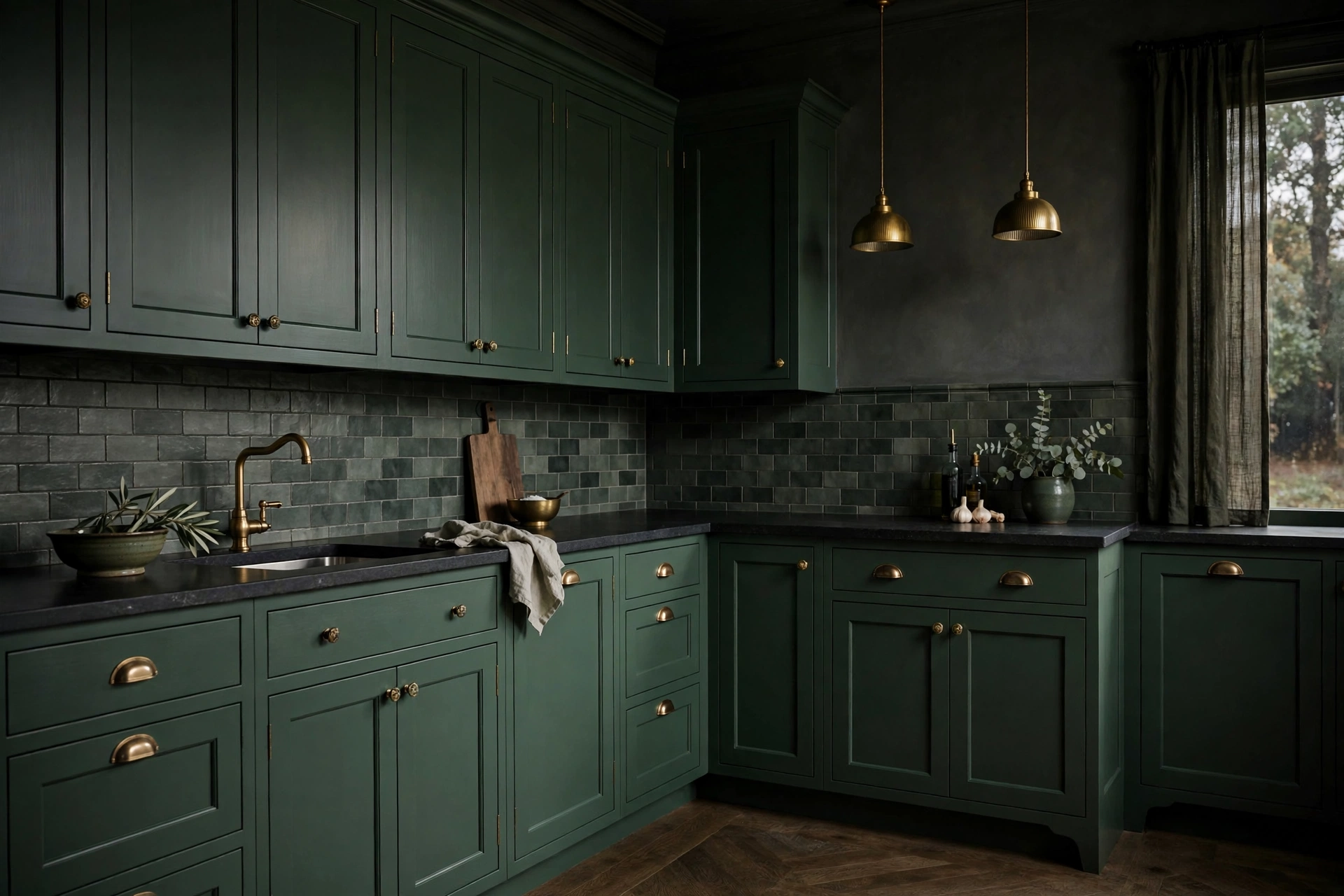 Corner Cabinets Painted Deep Green For Unified Look