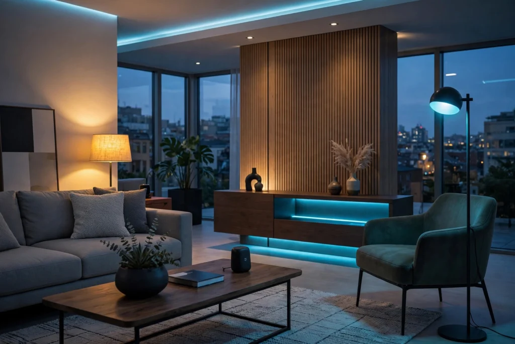 Smart Lighting Scenes Controlled In A Modern Living Room