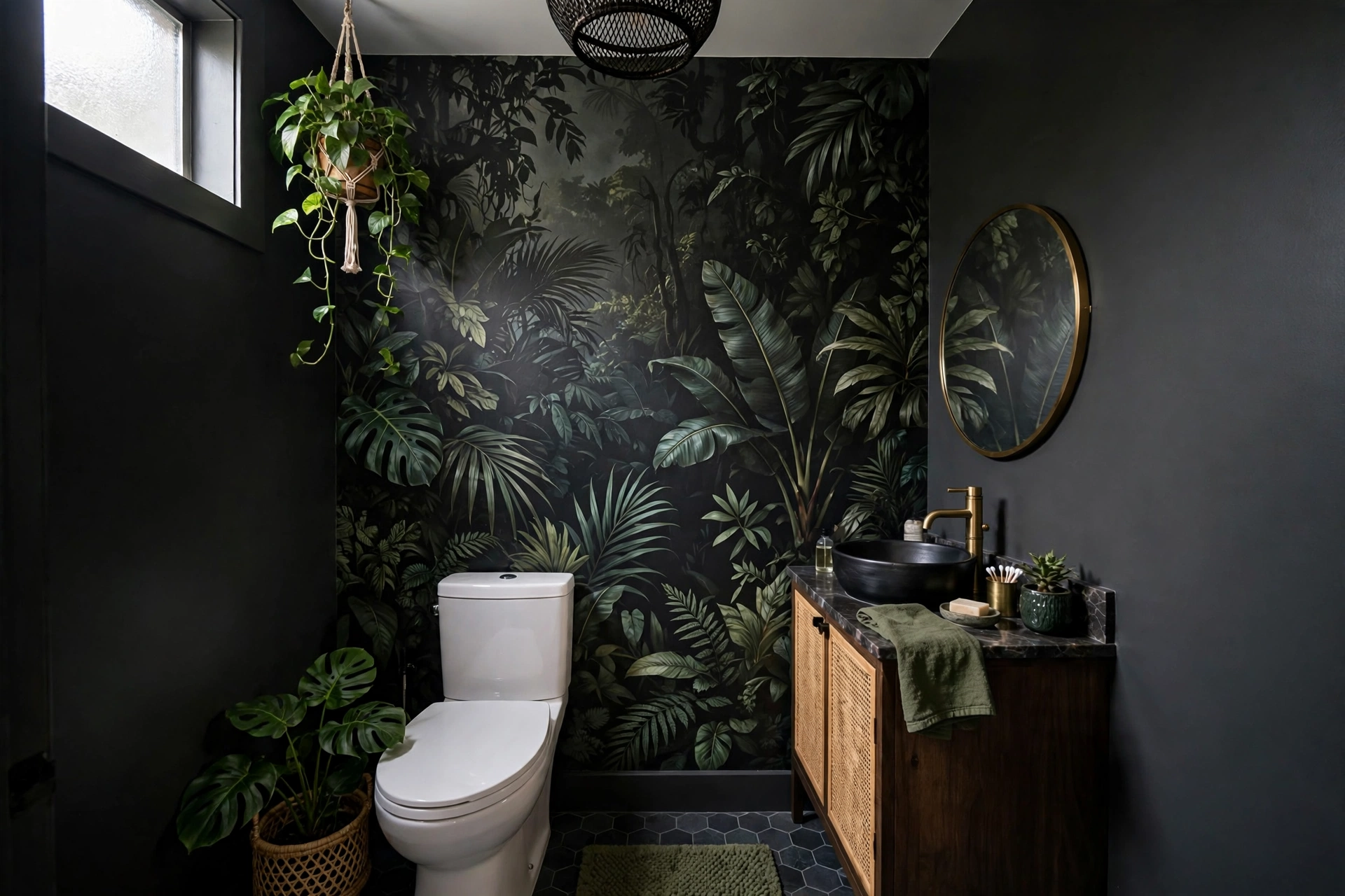 Botanical Mural Accent Wall In Bathroom