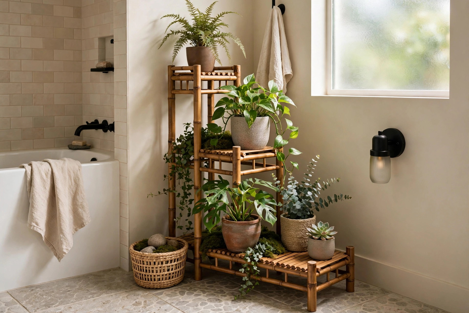 Tiered Plant Stand Display In Bathroom Corner