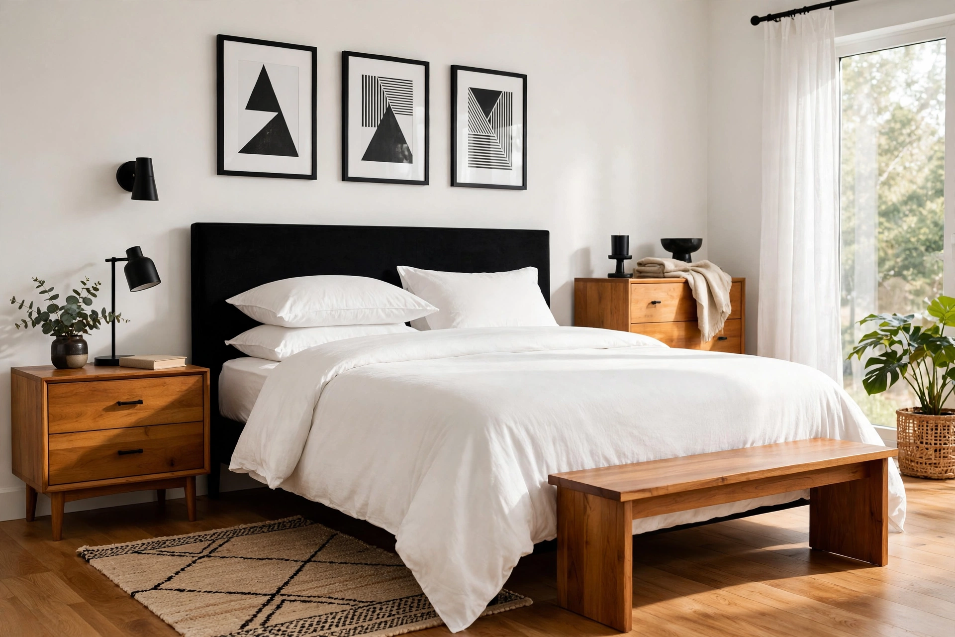 Graphic Bedroom With Black White And Warm Wood