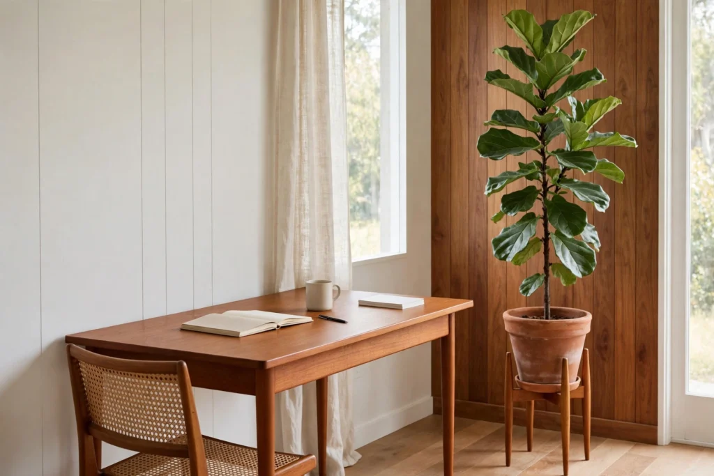 Fiddle-leaf fig in terracotta planter on wooden plant stand beside teak desk