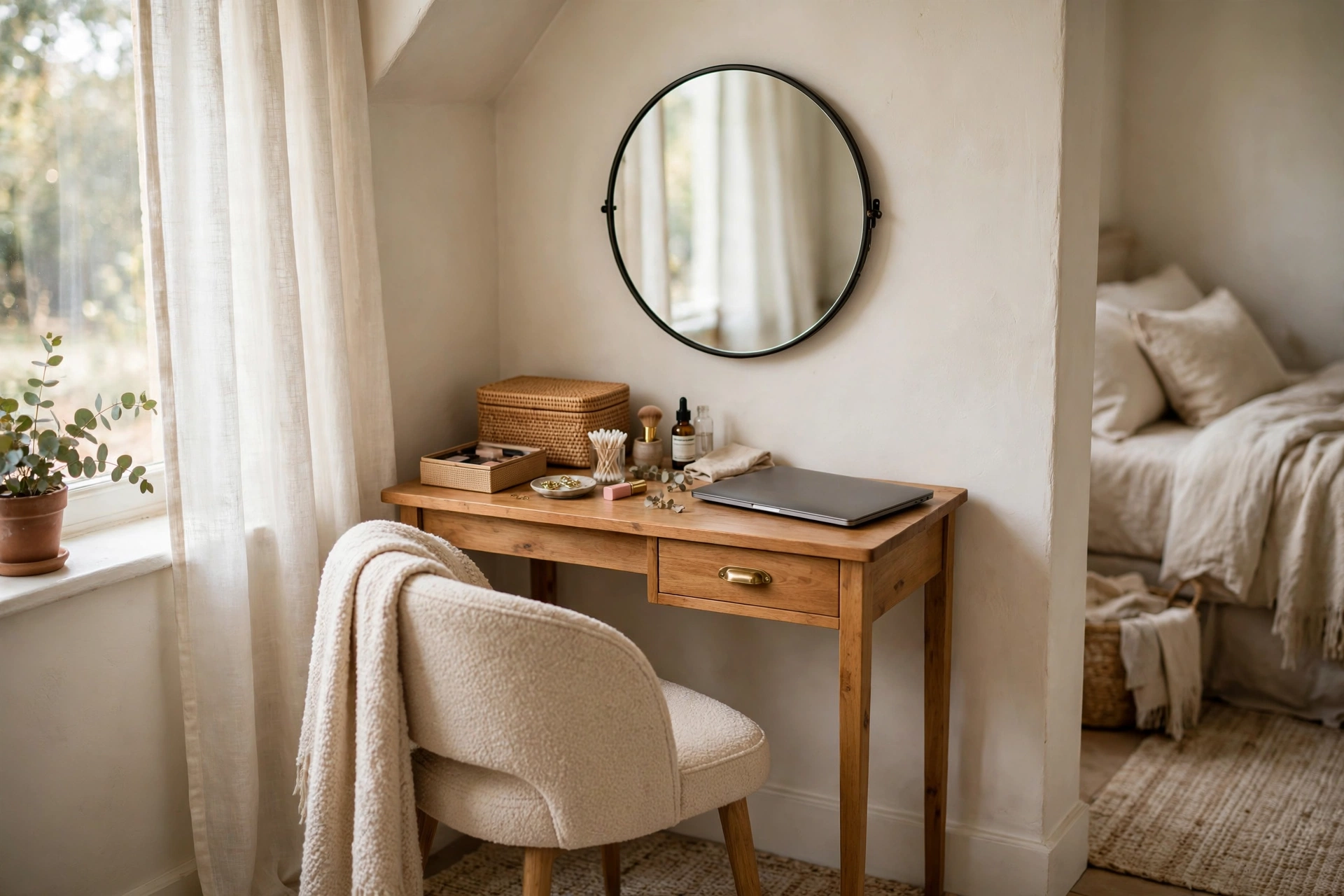 Desk Doubling As Vanity With Wall Mirror