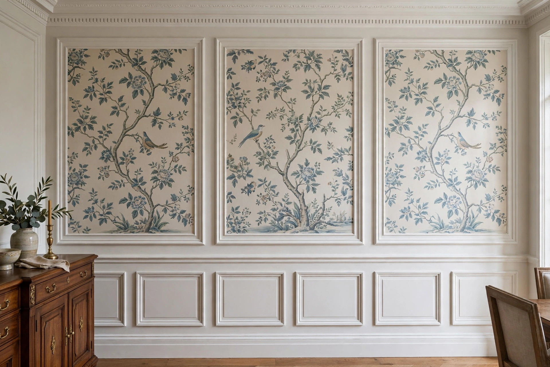 Dining Room With Framed Wallpaper Panels As Art