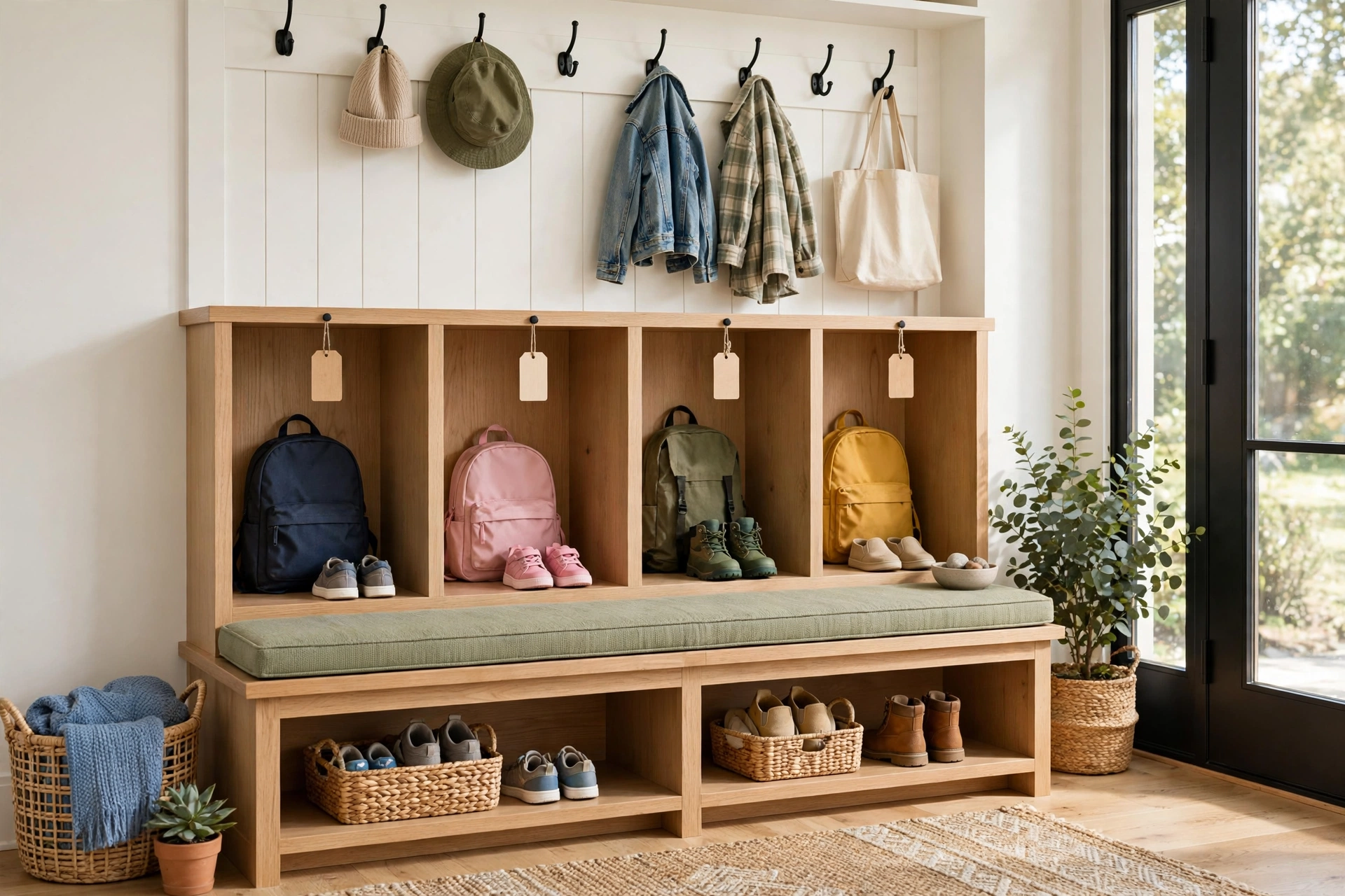 Family Entryway Bench With Kids Cubbies And Labels