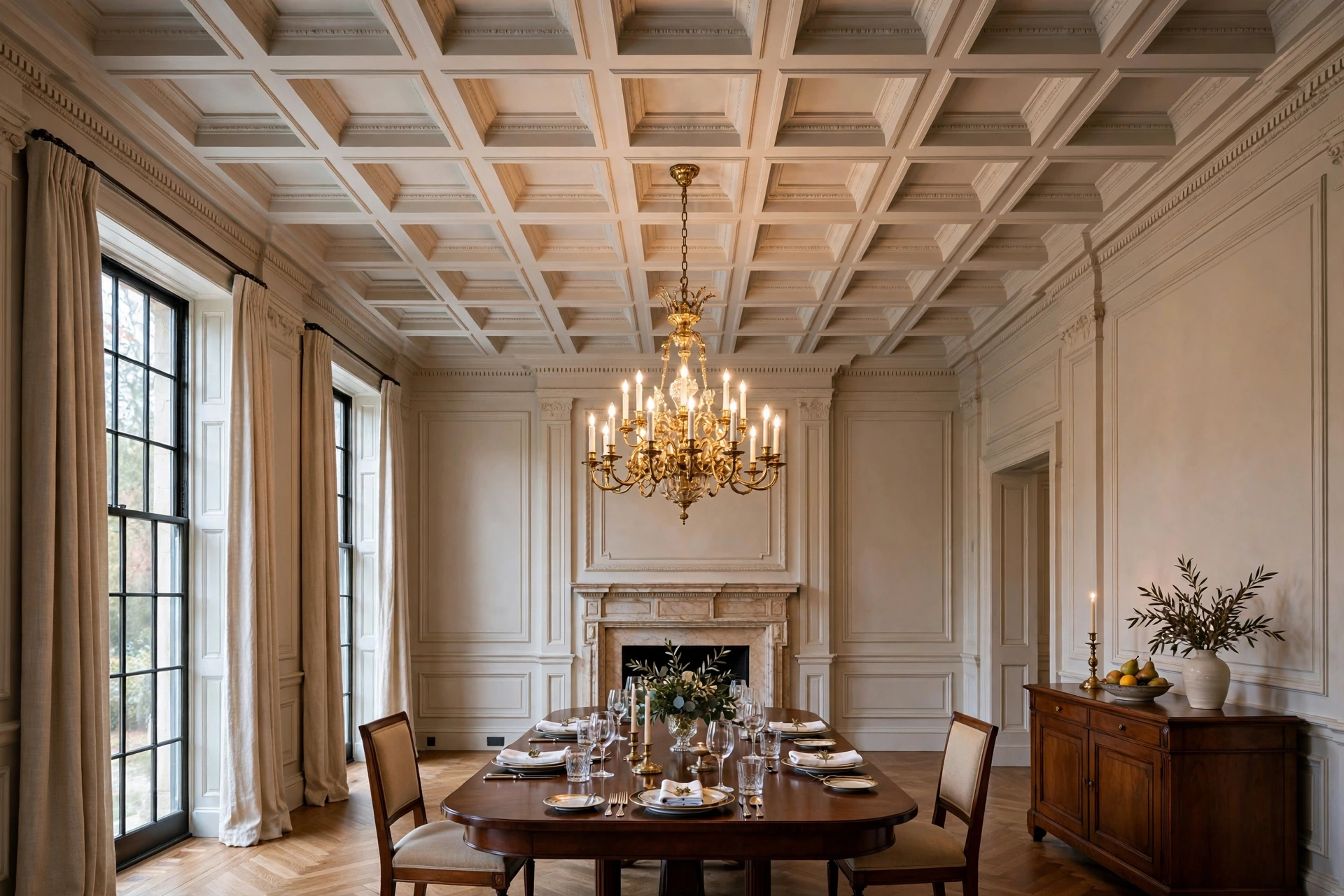 Formal Dining Room With Coffered Ceiling Detail