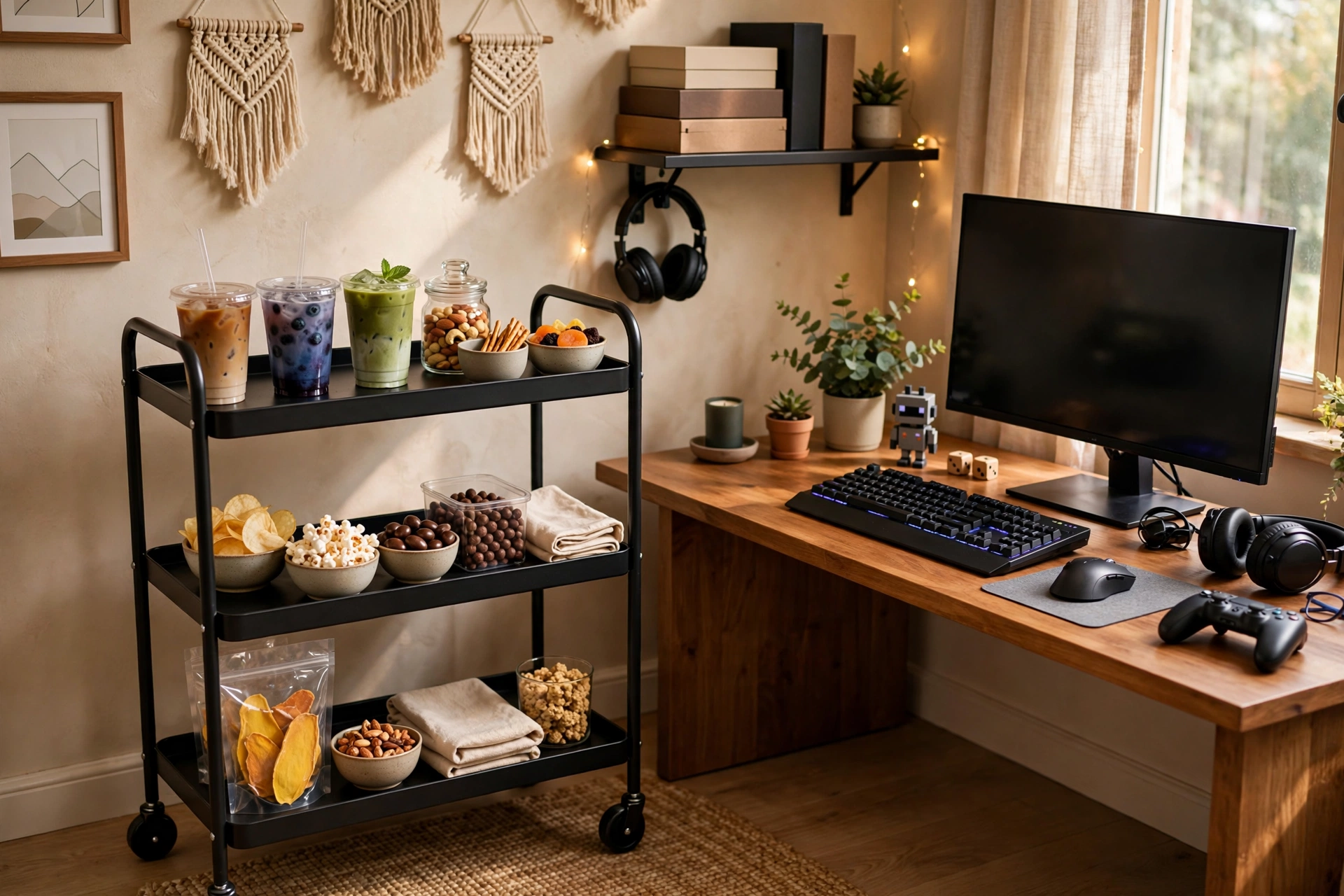 Snack And Drink Station Cart Beside Gaming Desk