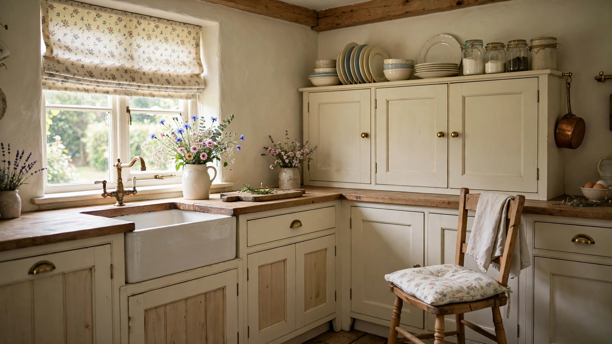 Ditsy floral roman blind and fresh flowers in a jug in a cottage kitchen