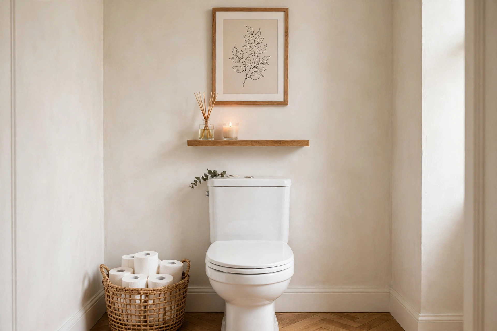 Styled Half Bath Toilet Area With Basket And Artwork