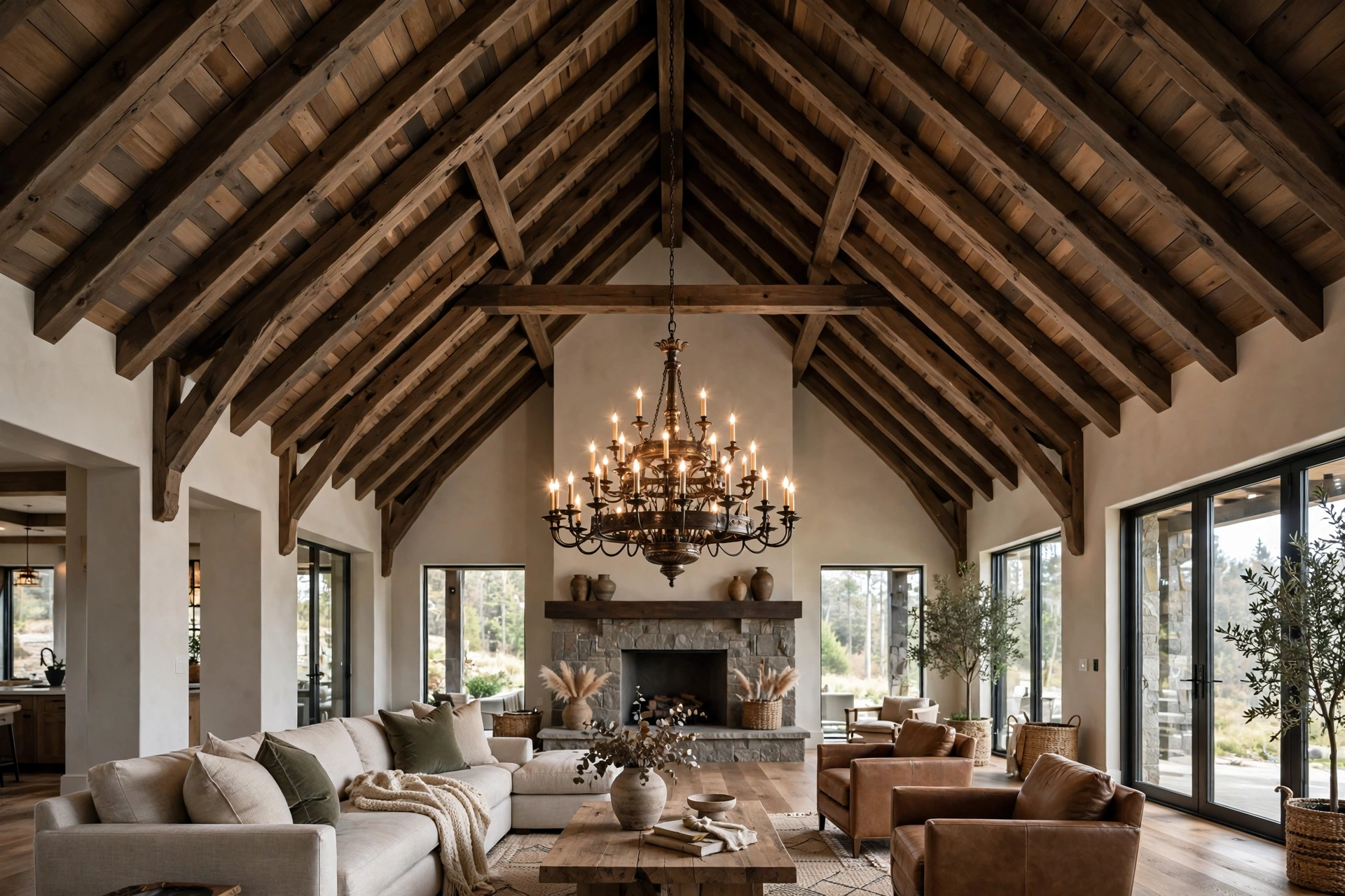 Vaulted Ceiling With Wood Beams In Grand Living Room