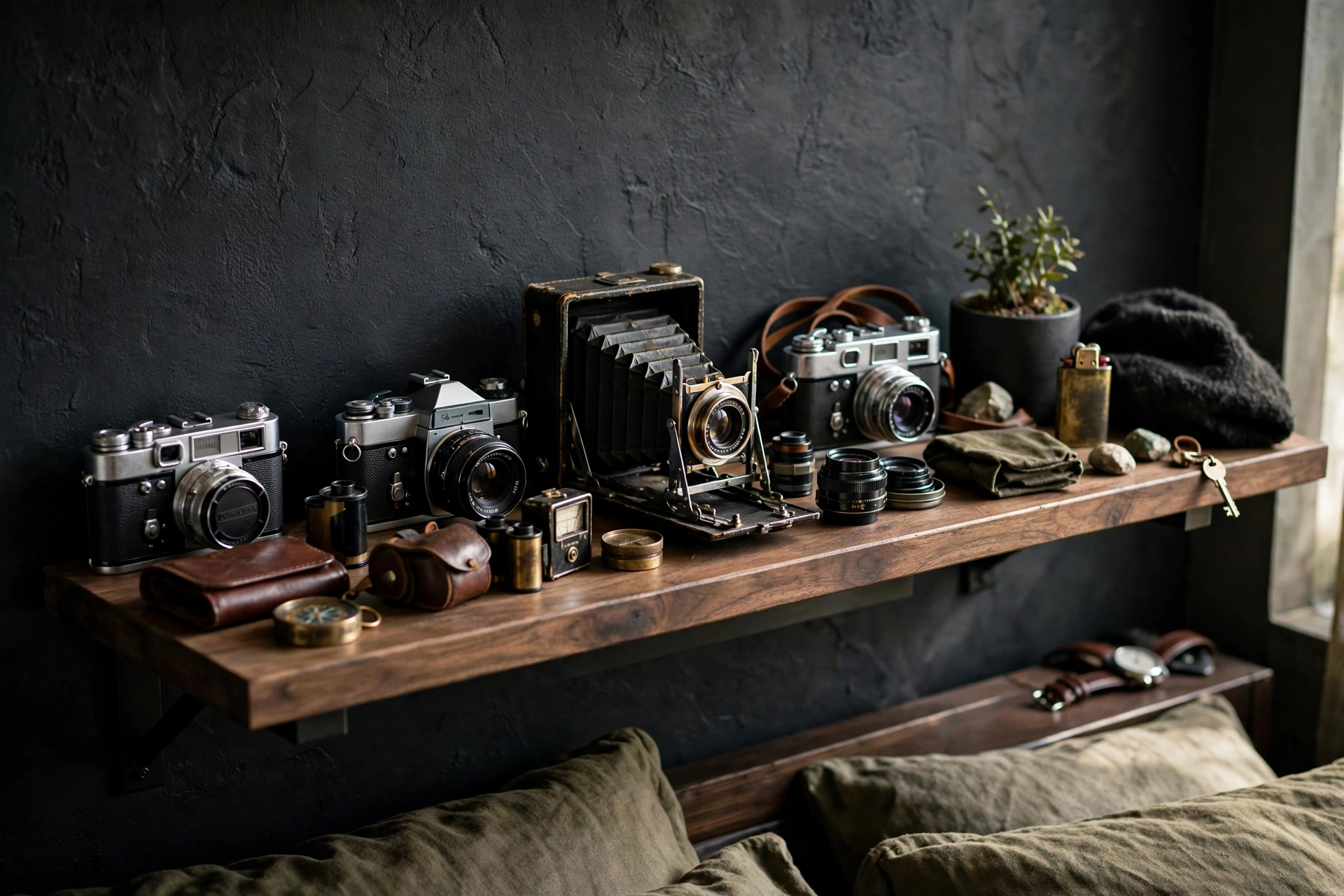 Personal Collections On Display In Masculine Bedroom
