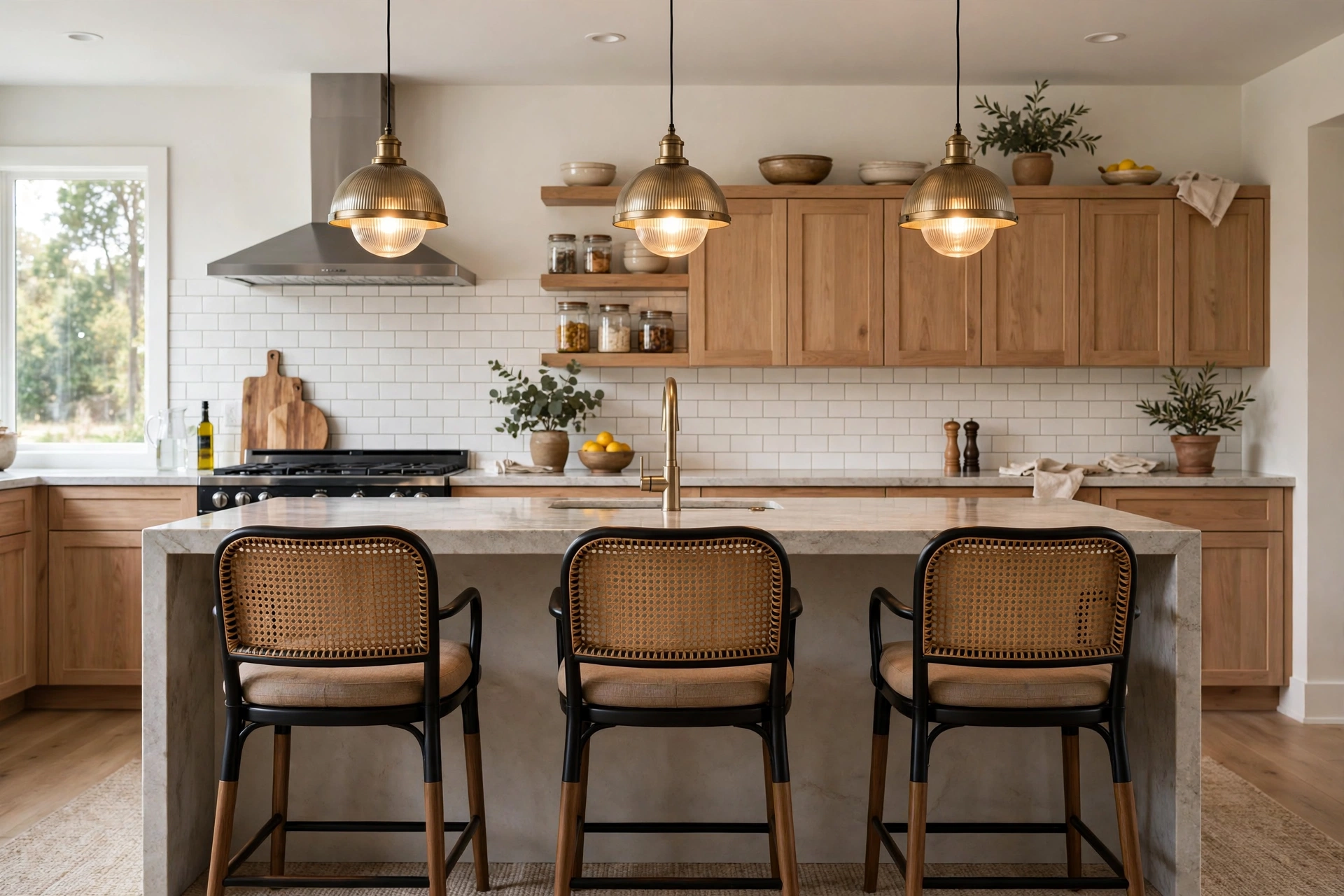 Bar stools paired with pendant lights above a kitchen island