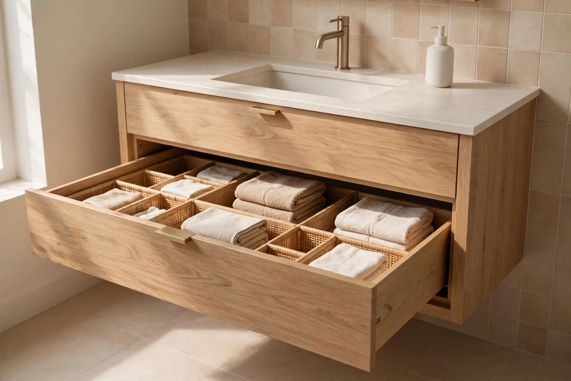 Oak vanity drawer with organizers and a clear clutter-free countertop