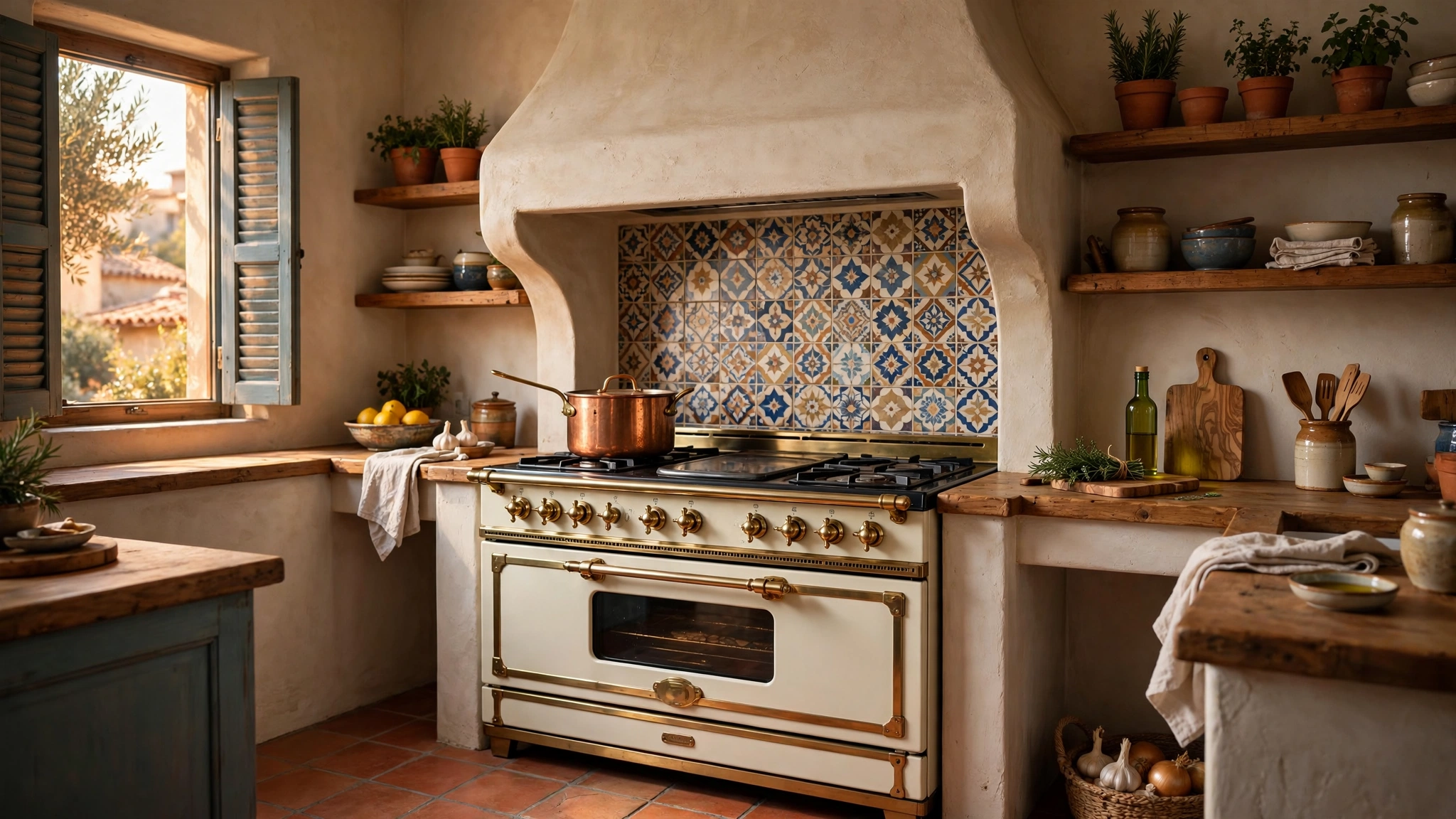 Vintage-style cream range cooker with brass trim in a Mediterranean kitchen