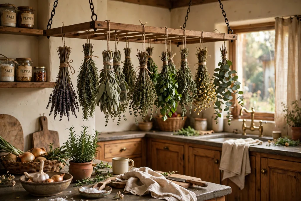 Bundles of herbs hanging to dry from a rack in a cozy kitchen