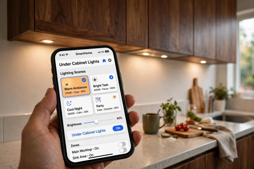 Smartphone controlling smart under cabinet lighting scenes in a kitchen