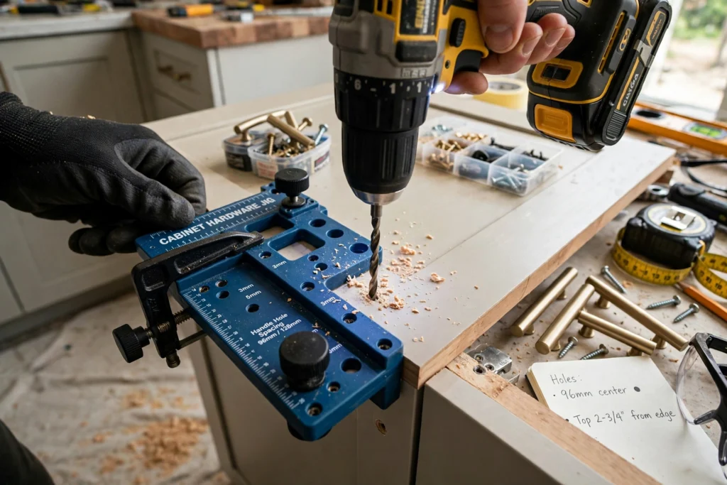 Drill and cabinet hardware jig in use during a DIY kitchen hardware install