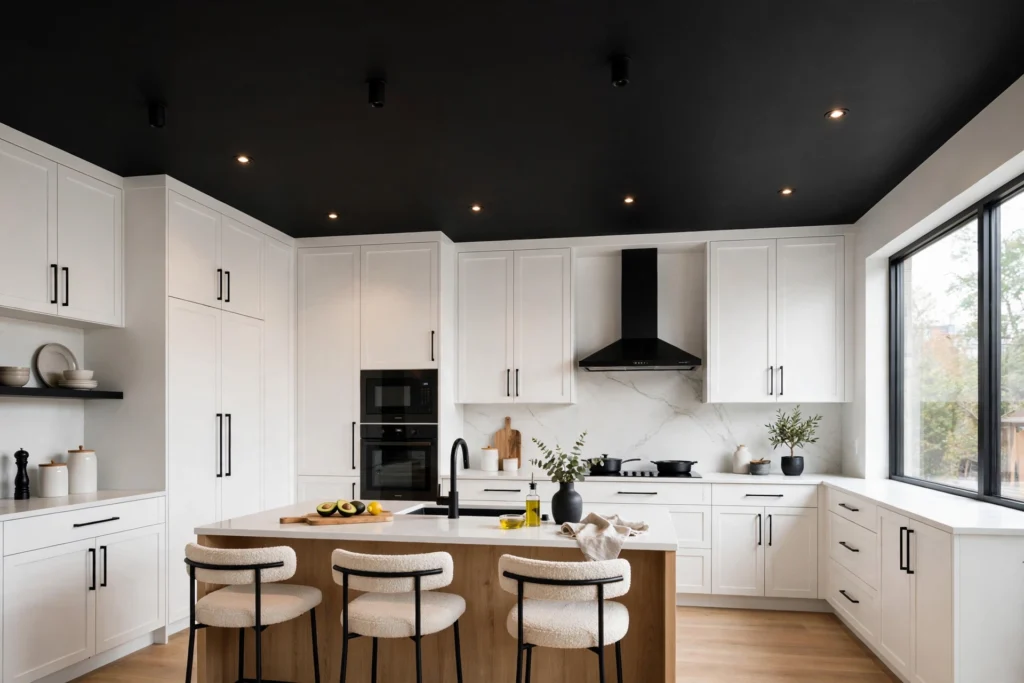 Matte black ceiling contrasting white cabinets in a modern kitchen
