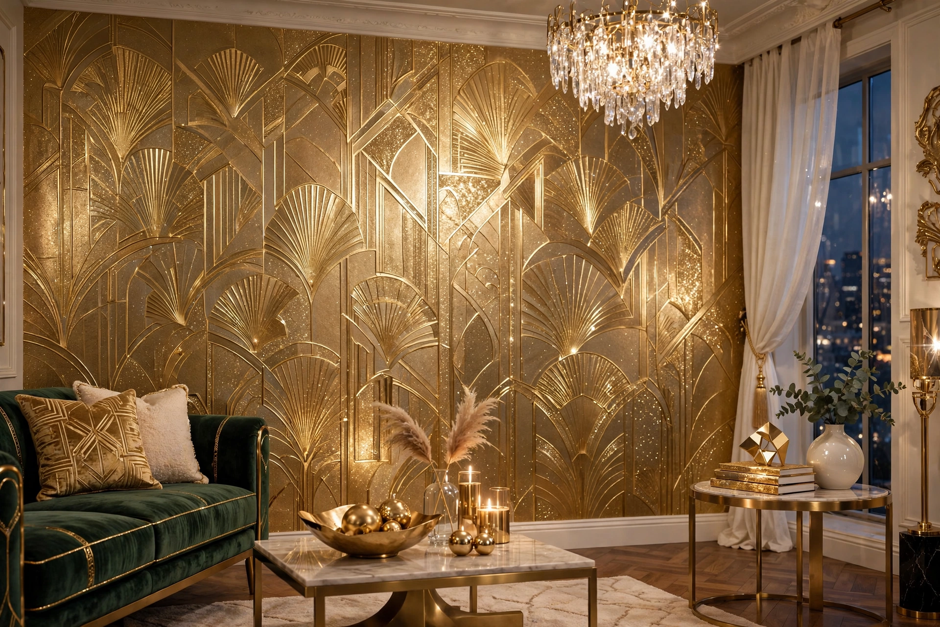 Metallic gold wallpaper shimmering in a glamorous living room interior