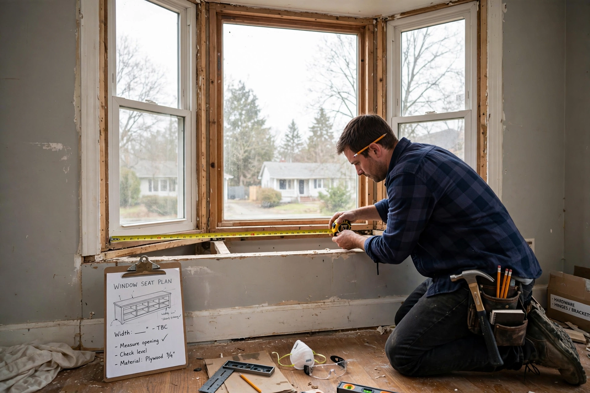 Measuring a bay window opening with a tape measure before building a window seat