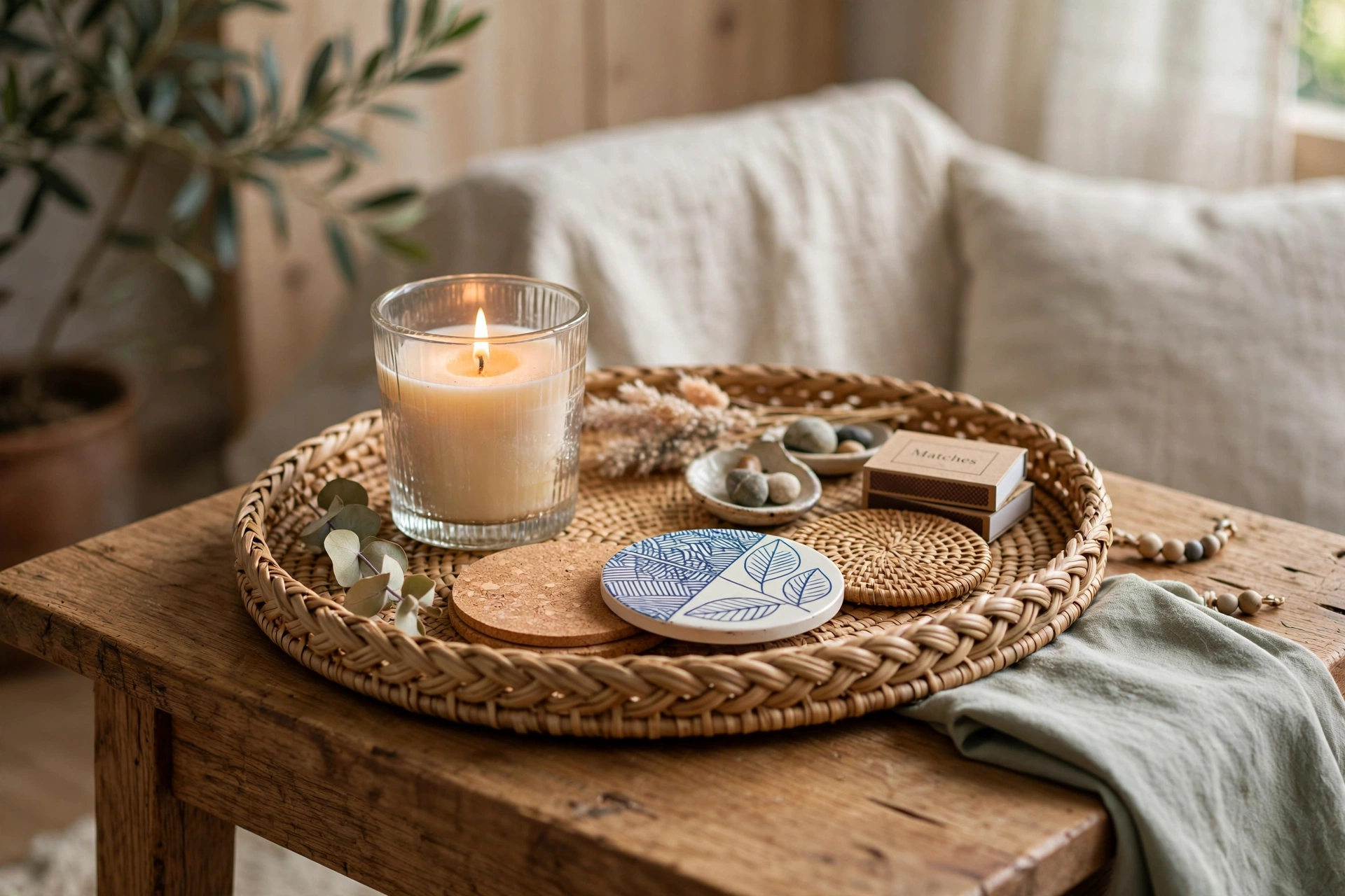Decorative tray with candle and coasters arranged on a wooden side table