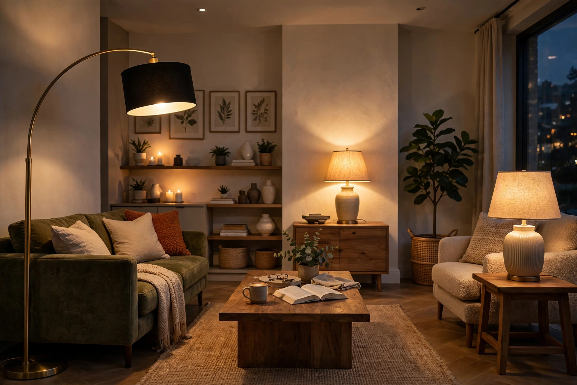 Layered living room lighting with floor lamp and table lamps glowing