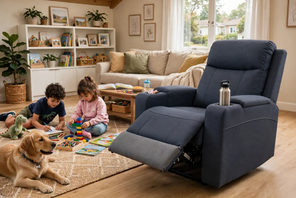Performance fabric recliner in a family living room with kids and a dog nearby