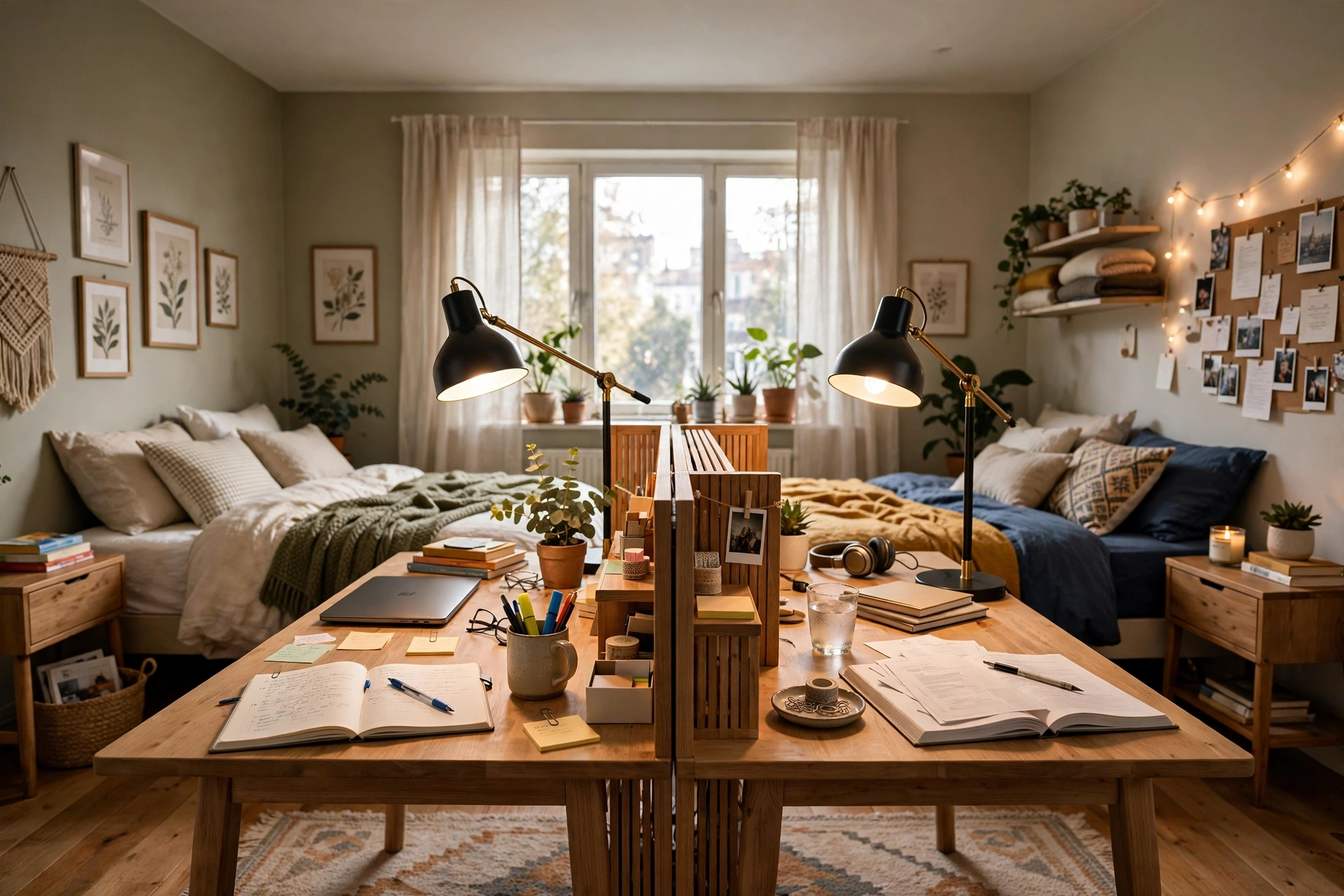 Double-sided desk setup in a shared bedroom with task lamps on each side