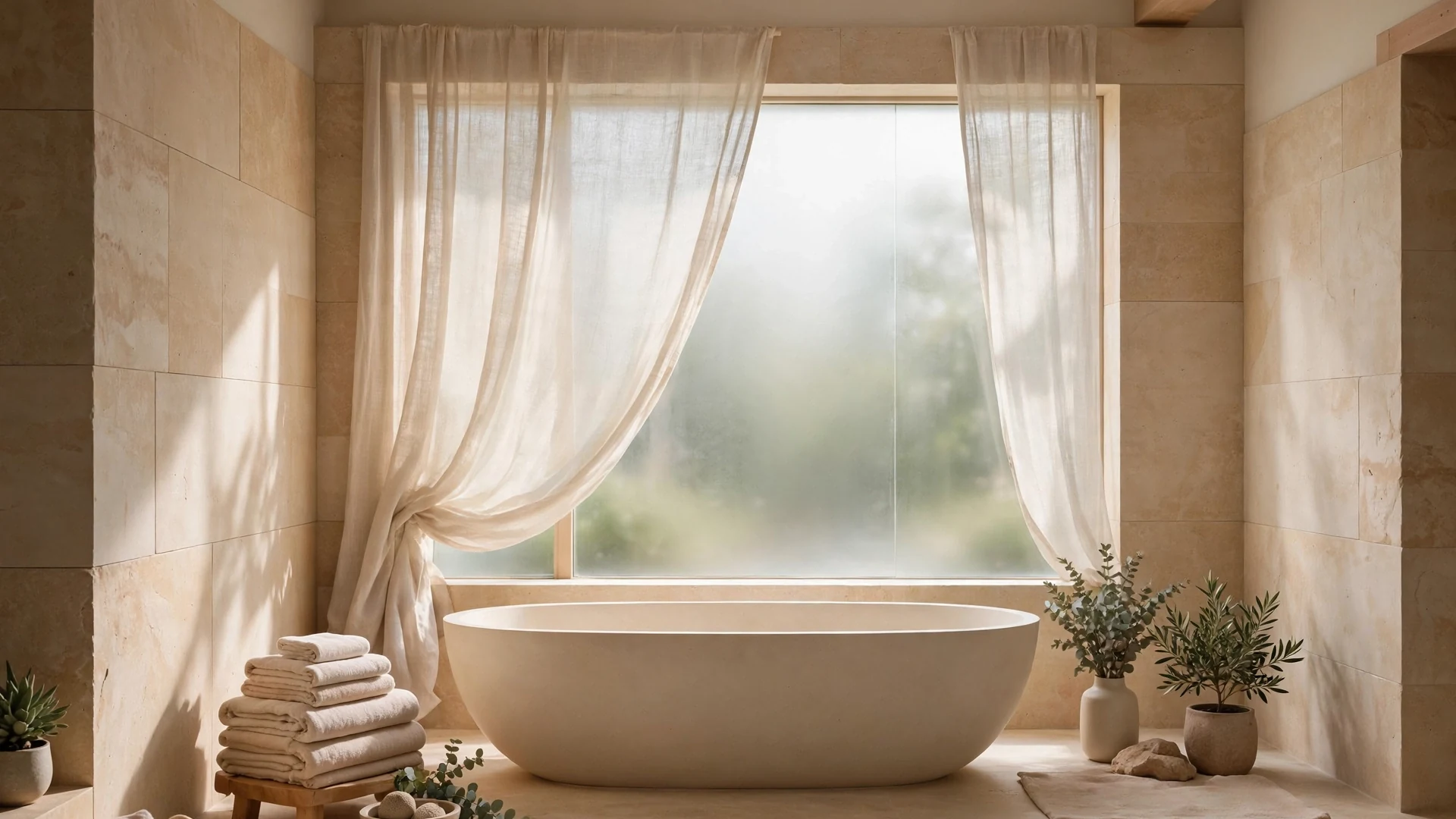 Soft daylight filtering through frosted glass and linen curtain in spa bath