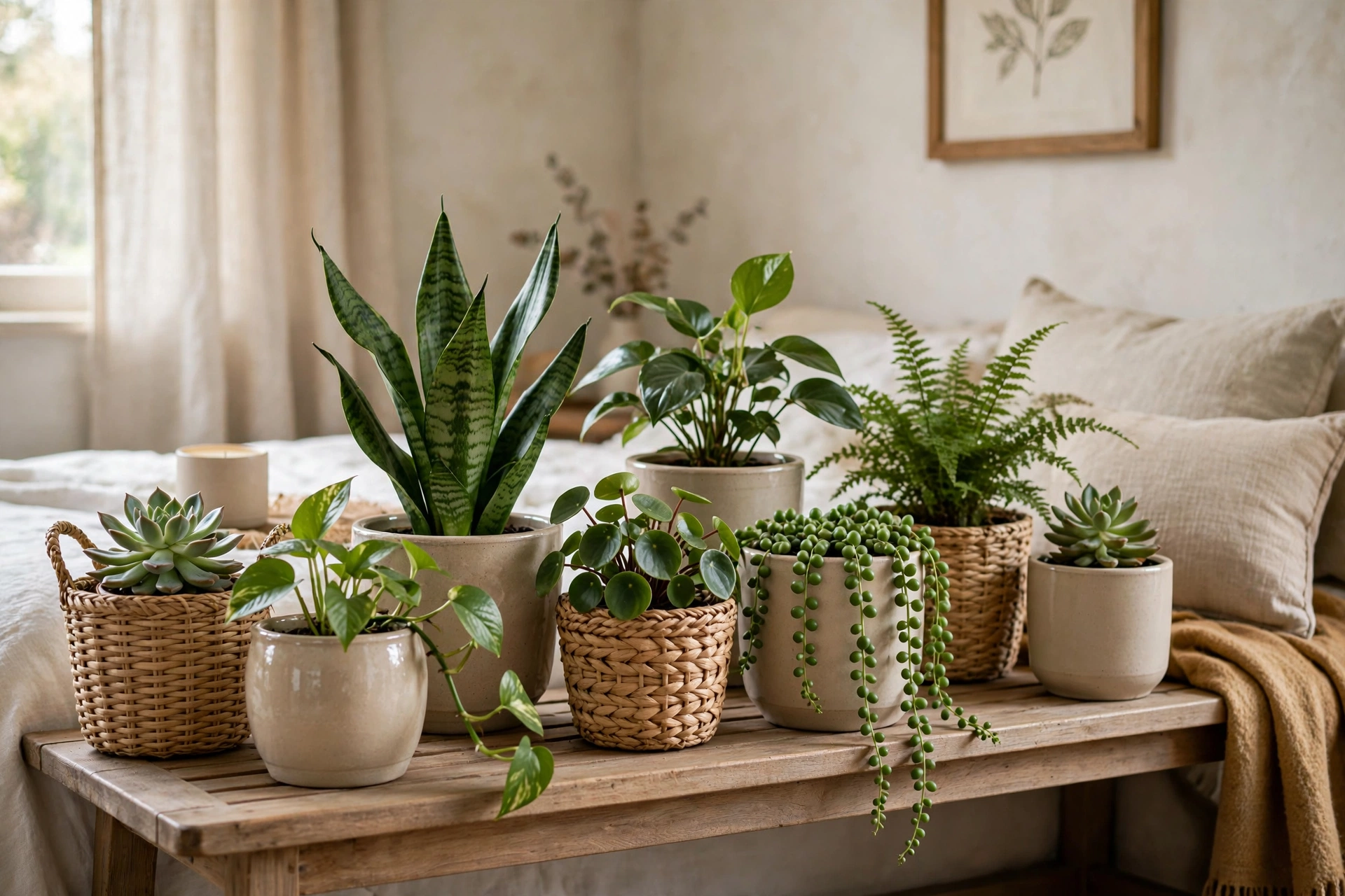 Collection of houseplants in matching ceramic pots and woven baskets on a bedroom bench