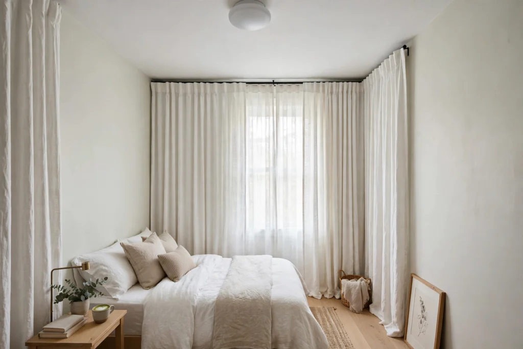Small bedroom with a bright white ceiling and floor-to-ceiling curtains making it feel taller