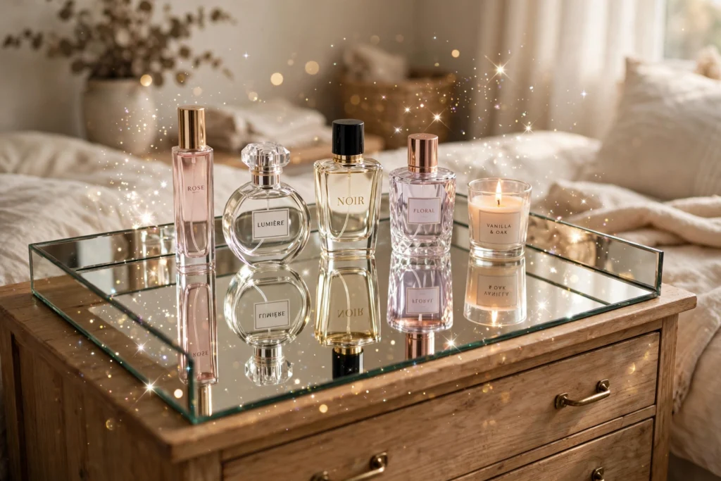 Mirrored tray on a bedroom dresser holding perfume bottles and a small candle, doubling the sparkle