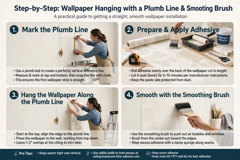 Step-by-step wallpaper hanging with a plumb line and smoothing brush