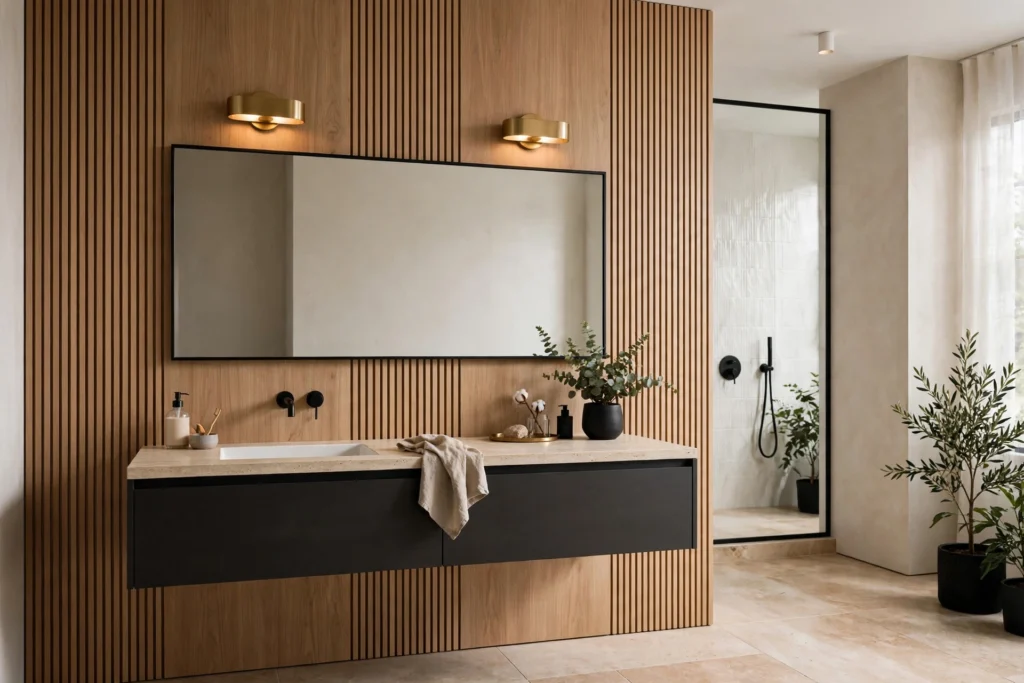 Paneled vanity wall with a floating vanity in a modern bathroom