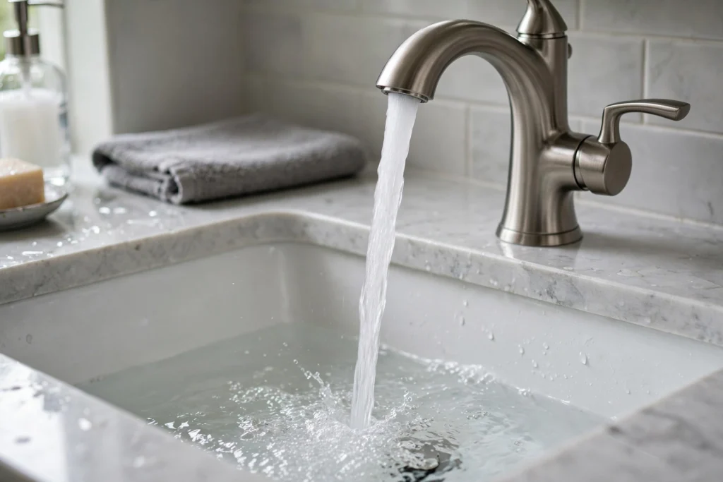 Bathroom faucet with a strong even water stream filling the sink