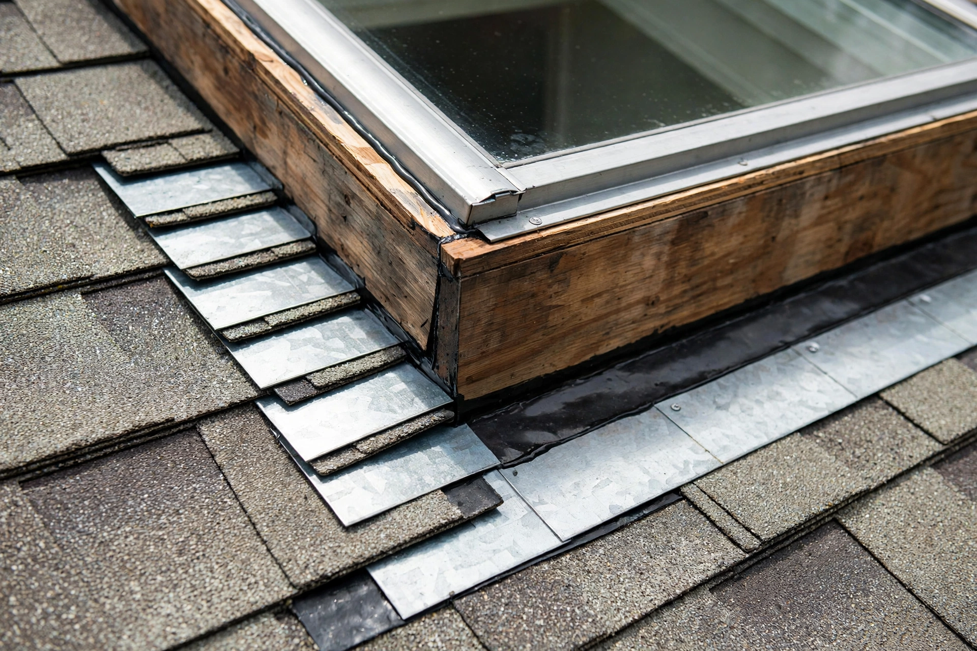 Close up of proper step flashing around a bathroom skylight curb