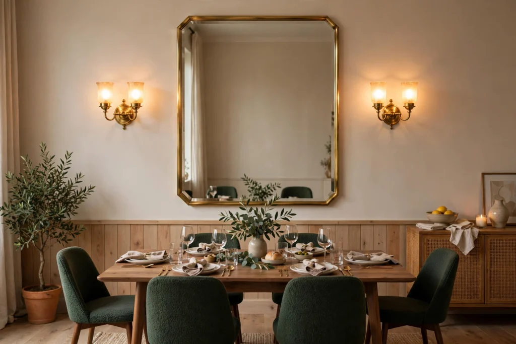 Dining room mirror flanked by glowing brass wall sconces