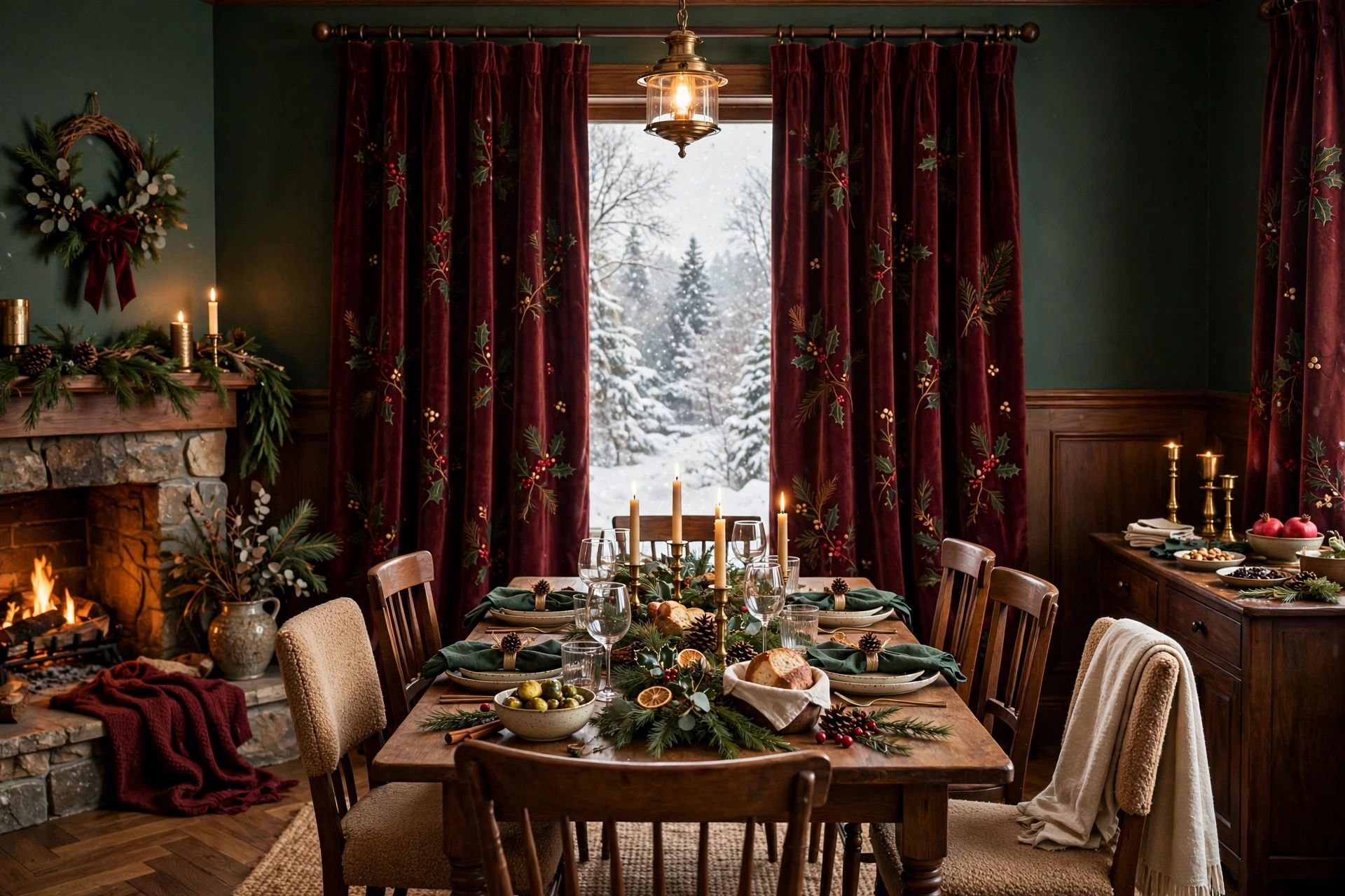 Cozy dining room with rich-toned seasonal curtains for winter entertaining