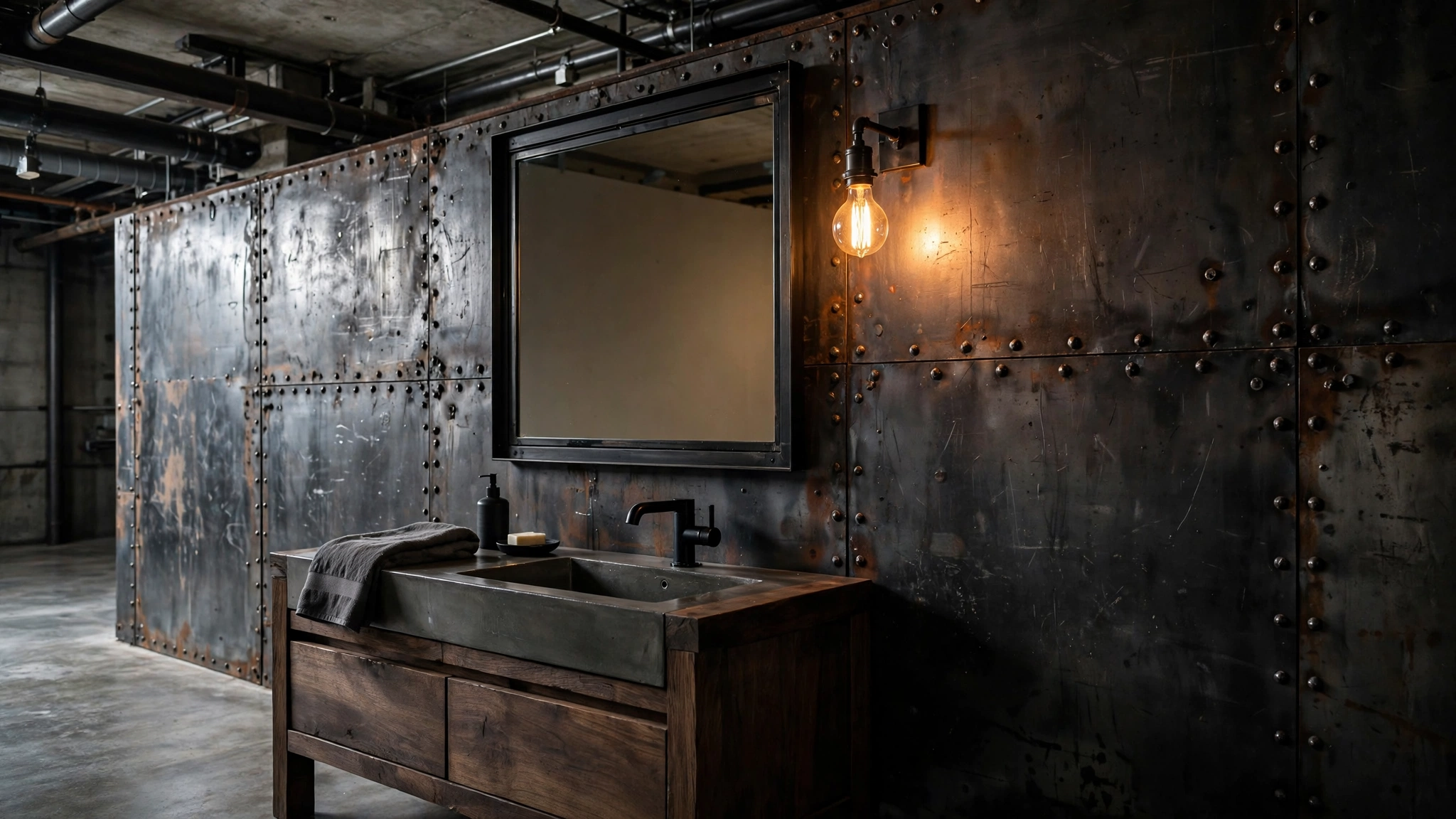 Riveted dark steel panel accent wall with mirror and wood vanity in an industrial bathroom