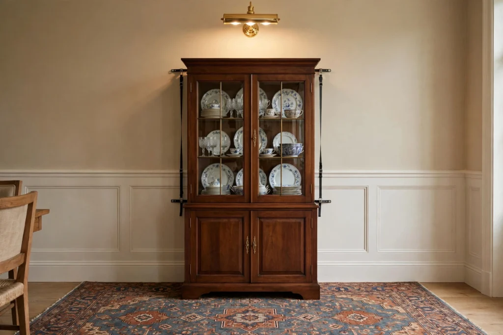 China cabinet anchored on a dining rug with a picture light above