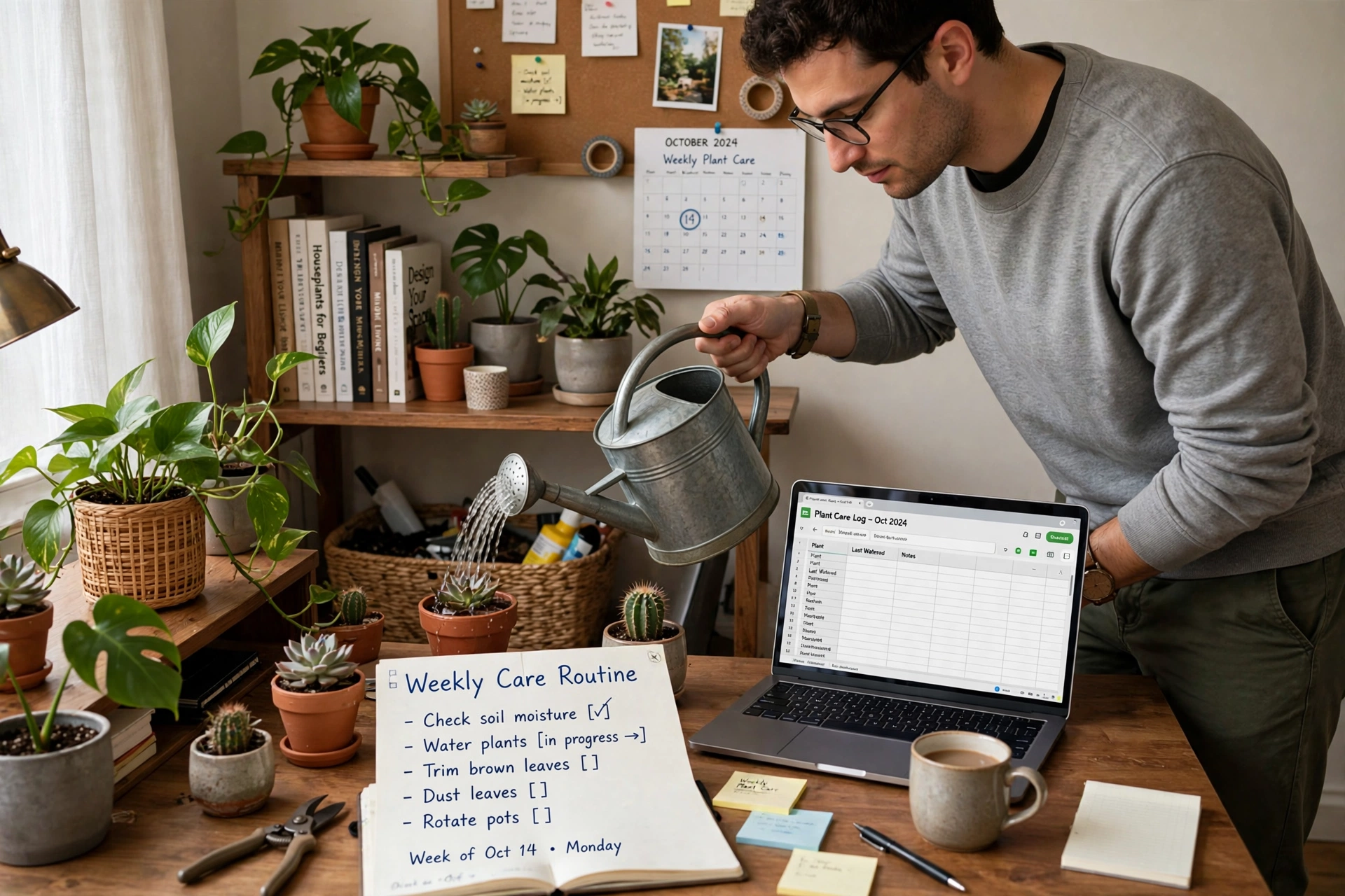 Person watering home office plants during a weekly care routine