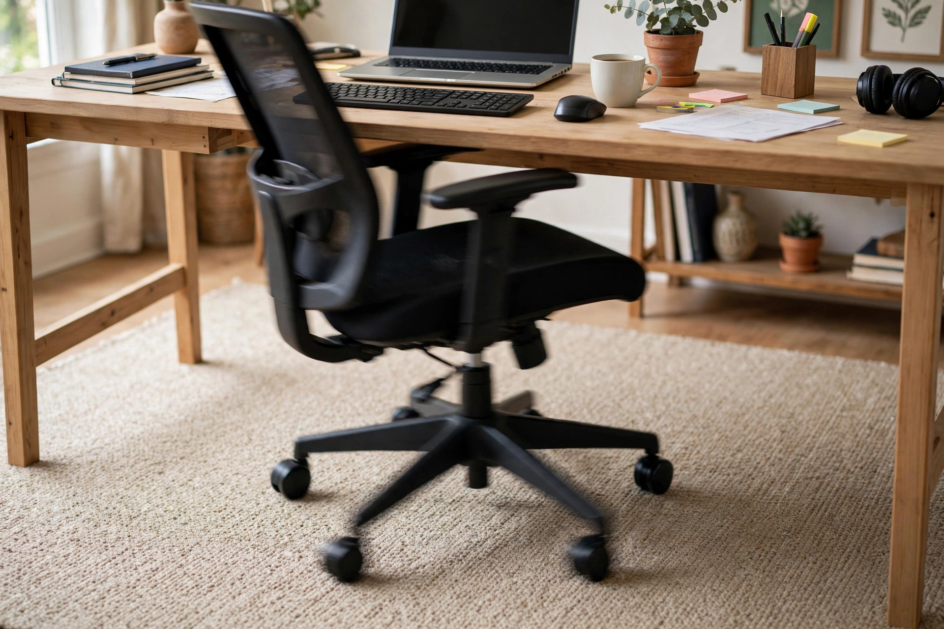 Desk chair rolling smoothly on a low-pile rug under a home office desk