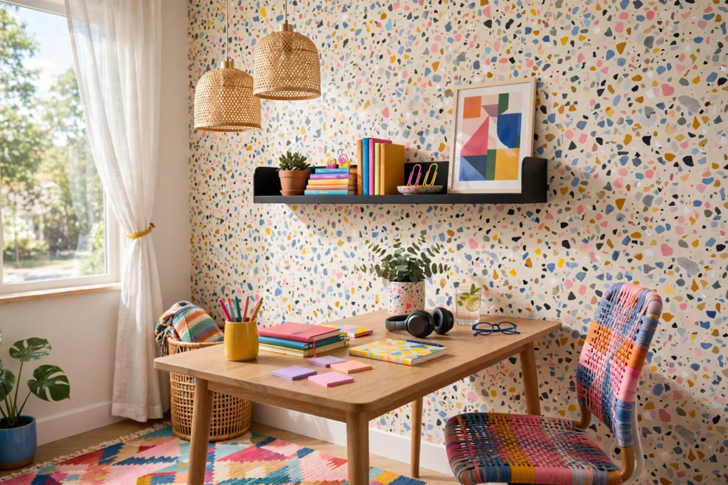 Terrazzo speckled wallpaper in a cheerful modern home office with colorful accents
